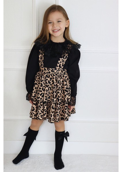 Kız Çocuk Helen Leopar Desenli Askılı Kat Kat Bağlama Jile Elbise Dantel Detay Uzun Kollu Bluz Takım TKM-0190.57 fırsatları