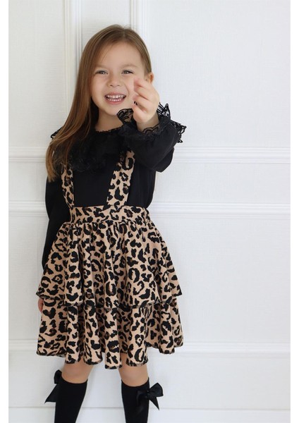Kız Çocuk Helen Leopar Desenli Askılı Kat Kat Bağlama Jile Elbise Dantel Detay Uzun Kollu Bluz Takım TKM-0190.57 indirimleri