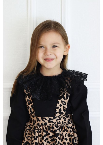 Kız Çocuk Helen Leopar Desenli Askılı Kat Kat Bağlama Jile Elbise Dantel Detay Uzun Kollu Bluz Takım TKM-0190.57