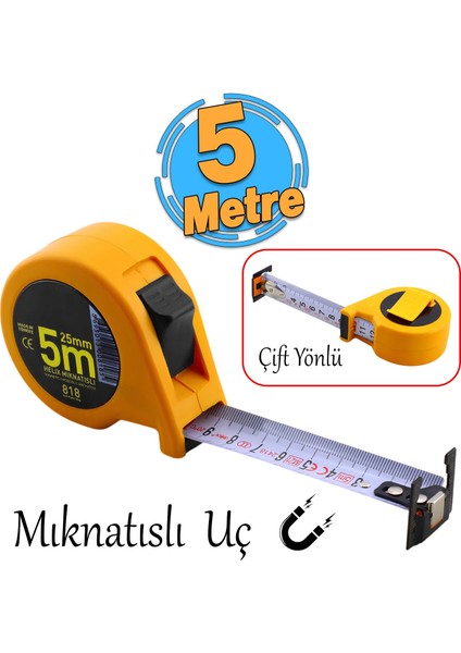 Mıknatıslı Helix Çift Taraflı Şerit Metal Metre 5 Metre En 25 mm Ölçüm Ölçme Plastik Kasalı 1 Adet