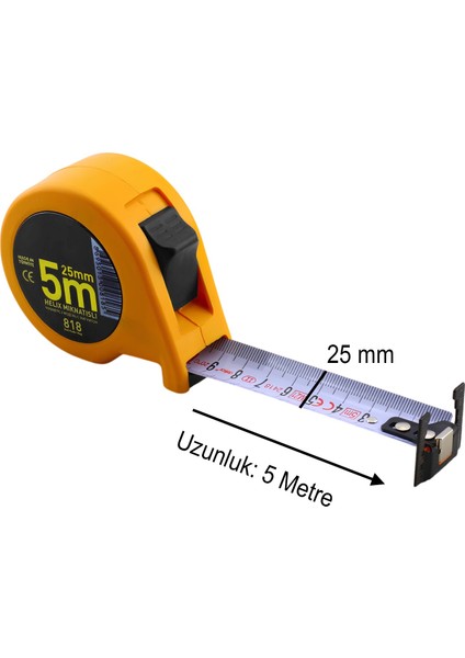 Mıknatıslı Helix Çift Taraflı Şerit Metal Metre 5 Metre En 25 mm Ölçüm Ölçme Plastik Kasalı 1 Adet