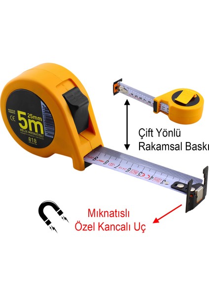 Mıknatıslı Helix Çift Taraflı Şerit Metal Metre 5 Metre En 25 mm Ölçüm Ölçme Plastik Kasalı 1 Adet