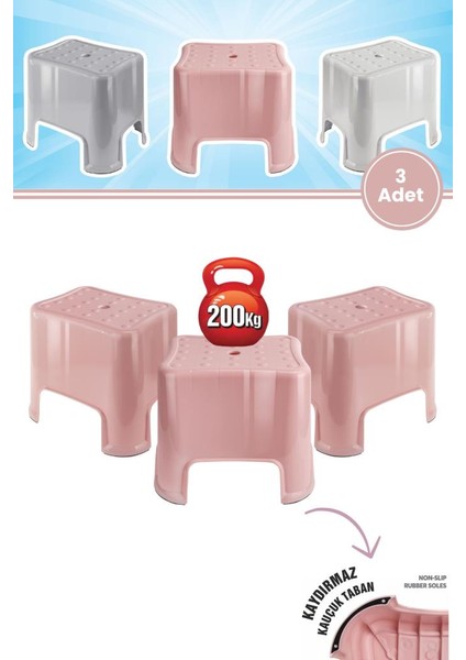 3 Adet Herkül Banyo Taburesi, Kaydırmaz Kauçuk Tabanlı 200 kg Taşıma Kapasiteli Lüks Tabure Pembe