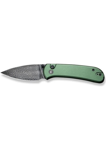 Qubit Button Lock & Thumb Stud Knife Damascus Green Aluminum Handle Çakı