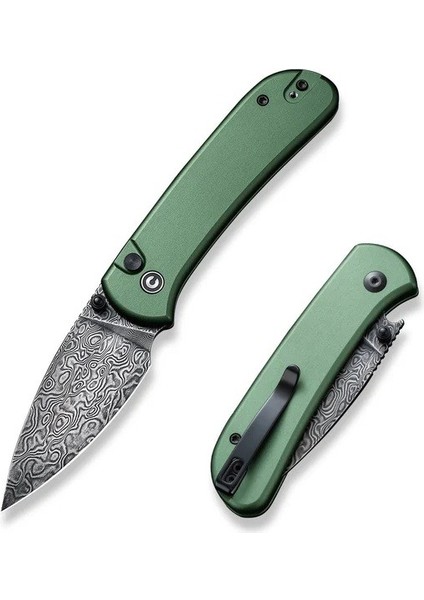 Qubit Button Lock & Thumb Stud Knife Damascus Green Aluminum Handle Çakı fiyatları