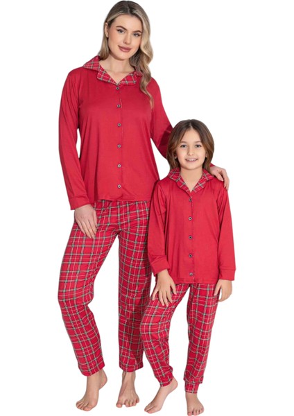 Anne Kız Lüx Milan Kumaş %100 Pamuklu Ekoseli Önden Düğmeli Pijama Takımı (Anne Kız Ayrı Fiyatlandırılır.)