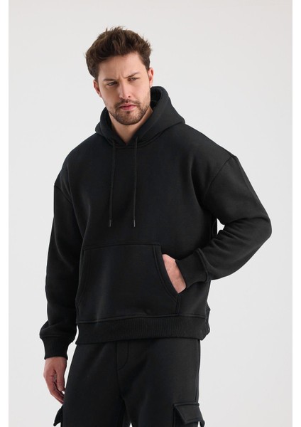 Erkek Siyah Üç Iplik Kapüşonlu Sweatshirt