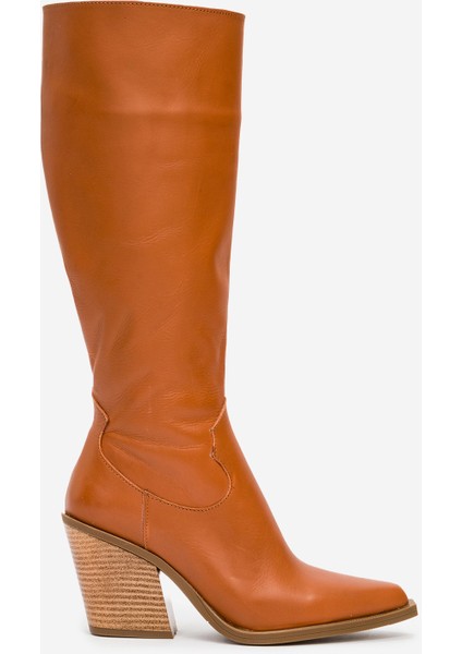 Kadın Topuklu Sivri Burunlu Fermuarlı Çizme Gerçek Deri Dc 1591 Taba