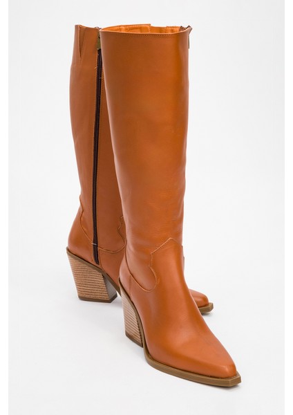 Kadın Topuklu Sivri Burunlu Fermuarlı Çizme Gerçek Deri Dc 1591 Taba fiyatları