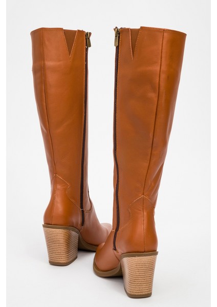 Kadın Topuklu Sivri Burunlu Fermuarlı Çizme Gerçek Deri Dc 1591 Taba fırsatları