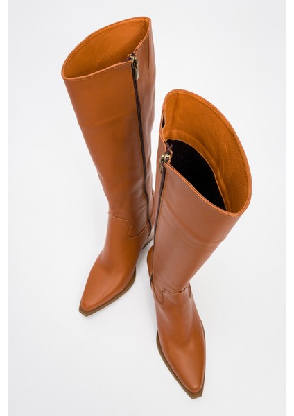 Kadın Topuklu Sivri Burunlu Fermuarlı Çizme Gerçek Deri Dc 1591 Taba indirimleri