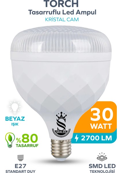 30W Kristal Tasarruflu E27 Beyaz Işık Torch LED Ampul