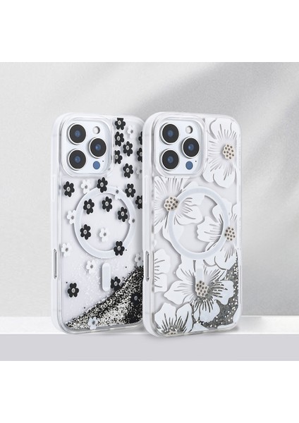 Apple iPhone 16 Pro Kılıf Sıvılı Simli Baskılı Şeffaf Arka Yüzey Mossa Silikon Kapak modelleri