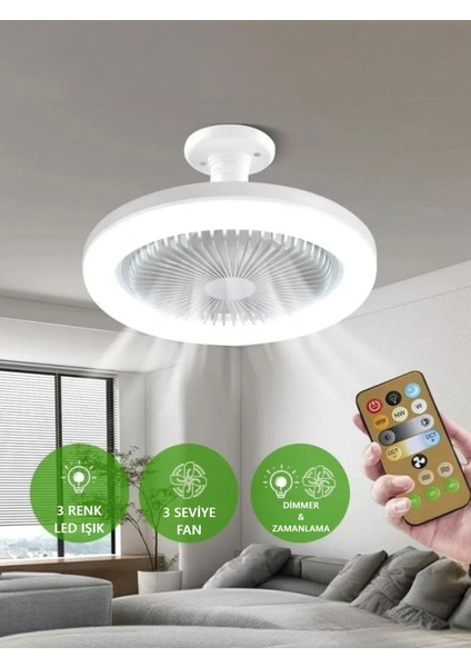 42 Watt Vantilatör 3 Kademe Hız Dimlenebilir 3 Renk LED Işıklı Cata Poyraz Kumandalı Fan LED Ampul