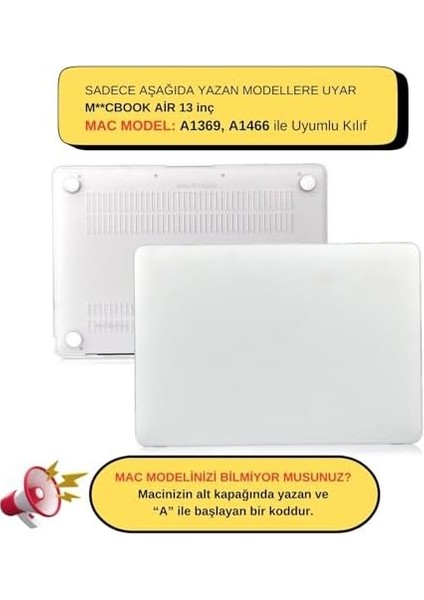 MacBook Air Kılıfı Macbook Air 13INÇ Mat (Eski Usb'li Model 2010-2017) A1369 A1466 ile Uyumlu Şeffaf
