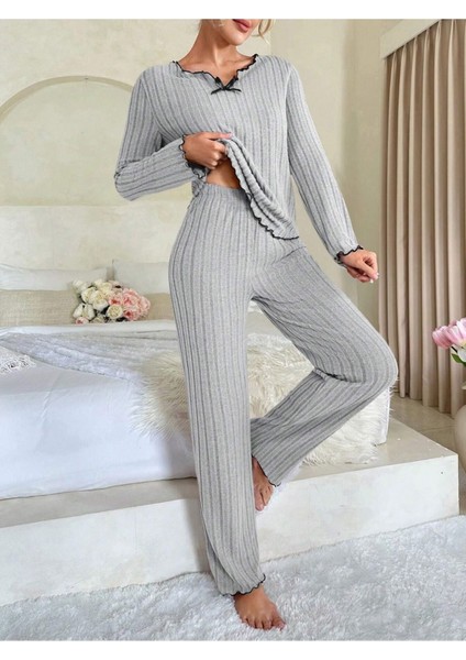 Gri Pamuklu Fiyonk Detaylı Pijama Takımı indirimleri