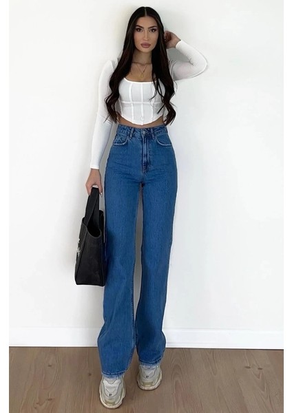 Christian 90's Orta Mavi Palazzo Salaş Paça Süper Yüksek Bel Jean Pantolon