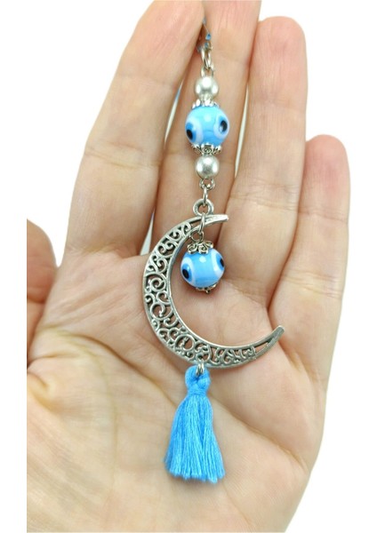 Dikiz Ayna Süsü, Metal Hilal Turkuaz Cam Nazar Boncuğu Püsküllü El Yapımı Yeni Araba Hediyesi