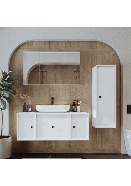 Oval Lavabolu Mat Mdf 120 cm Çekmeceli Banyo Dolabı + Aynalı Üst Dolabı + Boy Dolabı