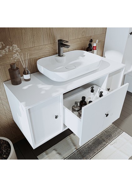 Oval Lavabolu Mat Mdf 120 cm Çekmeceli Banyo Dolabı + Aynalı Üst Dolabı + Boy Dolabı fırsatları