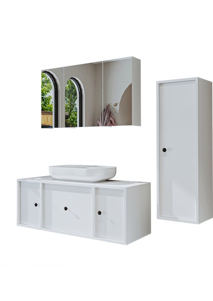 Oval Lavabolu Mat Mdf 120 cm Çekmeceli Banyo Dolabı + Aynalı Üst Dolabı + Boy Dolabı indirimleri