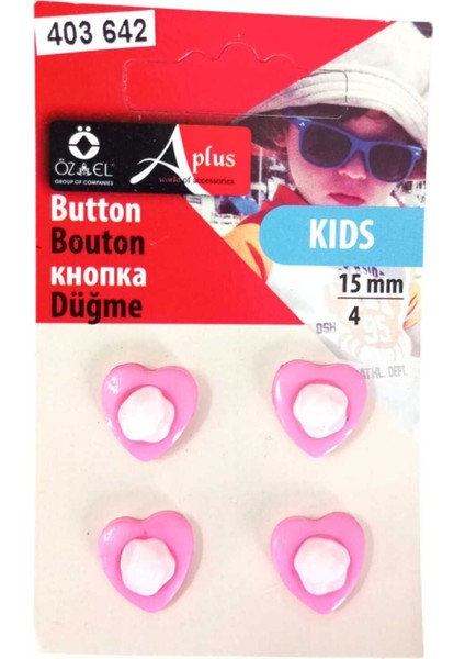 Kalp Şekilli Pembe Renkli 4 Adet 15 mm Bebek Düğme, Çocuk Düğme, Gömlek Kazak Yelek Düğmesi 403 642