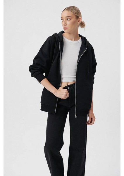 Pamuklu Oversize Fermuarlı Kapüşonlu Şardonlu Sweat Bayan Sweat 1610221