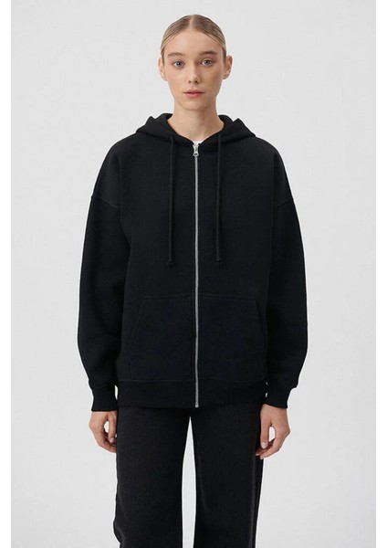 Pamuklu Oversize Fermuarlı Kapüşonlu Şardonlu Sweat Bayan Sweat 1610221