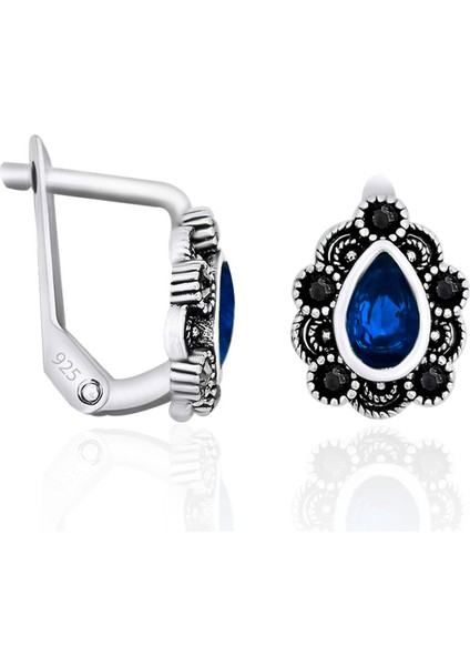 Gümüş Safir Taşlı Küpe Kadın Markazit Küpe 925 Ayar ST089