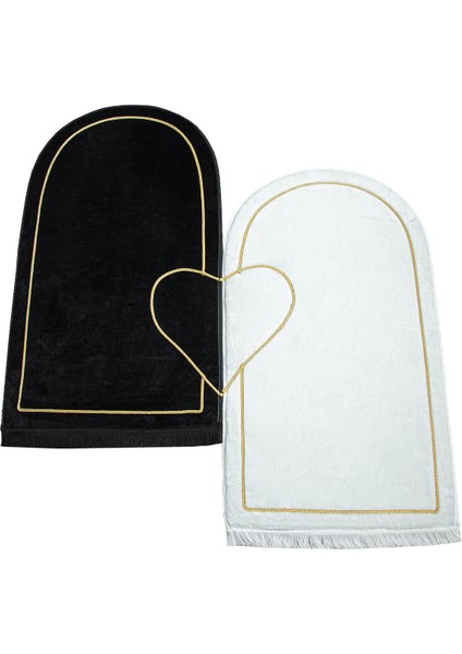 Sevgililer Gününe Özel Kalpli Çift Seccadesi - Süngerli Kadife Eşli Seccade Seti - Siyah Beyaz fiyatları