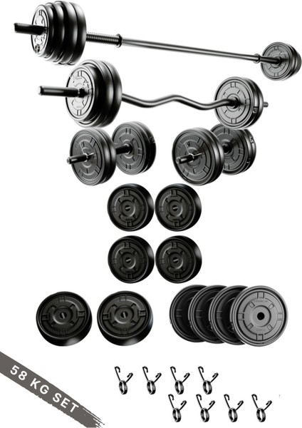 58 kg 150 cm Uzun Bar+ 120 cm Z-Barlı Megaset Halter Seti ve Dambıl Seti Ağırlık Fitness Seti