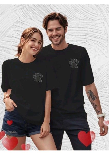 2li Çift Kombini Sevimli Pati Baskılı T-Shirt Unisex Salaş Oversize Boyfirend