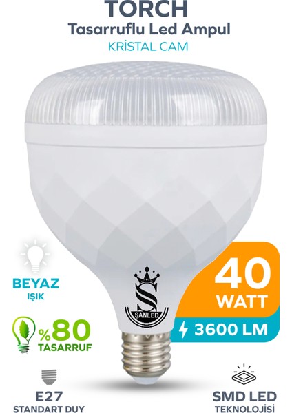 40W Kristal Tasarruflu E27 Beyaz Işık Torch LED Ampul