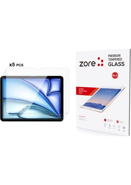 iPad Air 11 2024 Uyumlu Zore 5in1 Tablet Temperli Cam Ekran Koruyucu-Şeffaf