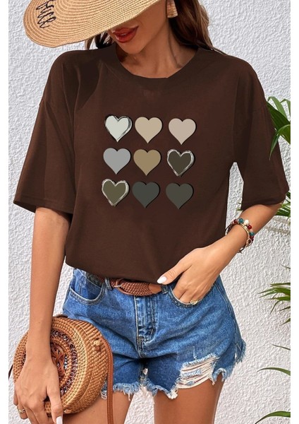 Kadın Kalp Baskılı T-Shirt Oversize Salaş
