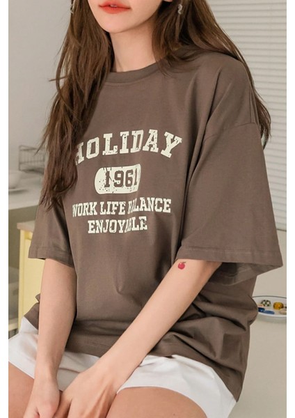 Kadın Holiday Baskılı Tasarım T-Shirt Oversize Salaş