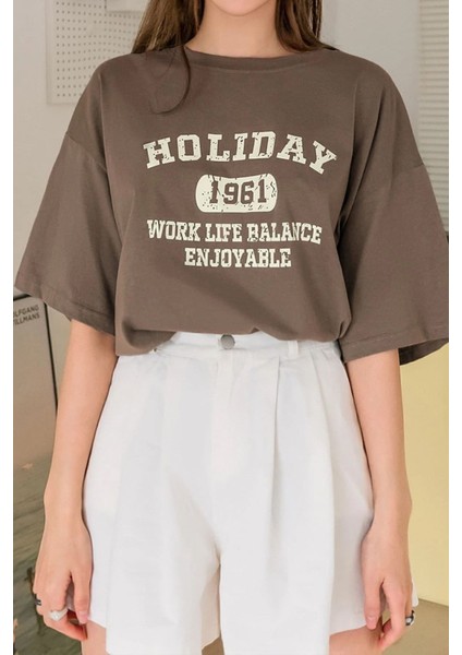 Kadın Holiday Baskılı Tasarım T-Shirt Oversize Salaş fırsatları