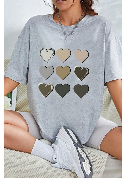 Kadın Kalp Baskılı T-Shirt Oversize Salaş