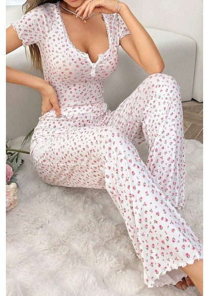Çiçek Baskılı Pamuklu Kısa Kollu Pijama Takımı