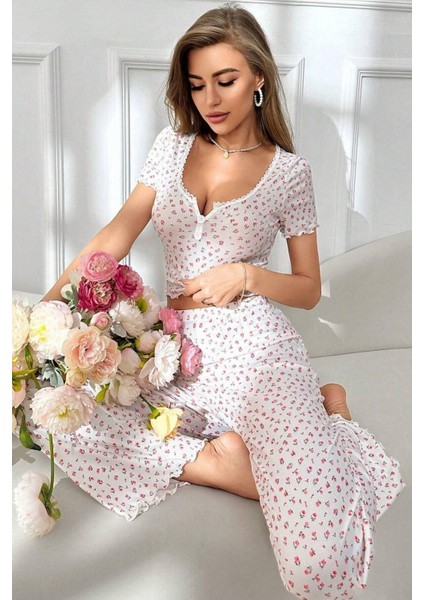 Çiçek Baskılı Pamuklu Kısa Kollu Pijama Takımı