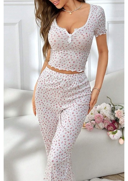 Çiçek Baskılı Pamuklu Kısa Kollu Pijama Takımı