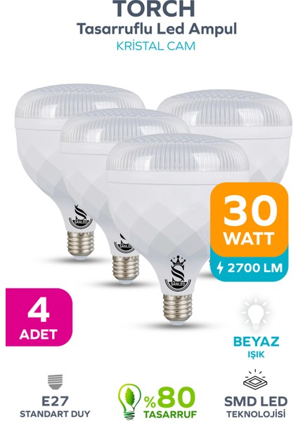 30W Kristal Tasarruflu E27 Beyaz Işık Torch LED Ampul