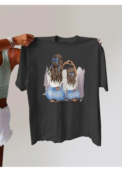Kadın Anne Kız Tema Baskılı T-Shirt Oversize Salaş modelleri