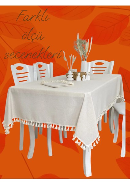 Organik Ham Keten Krem Ponponlu Masa Örtüsü