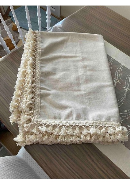 Organik Ham Keten Krem Ponponlu Masa Örtüsü modelleri