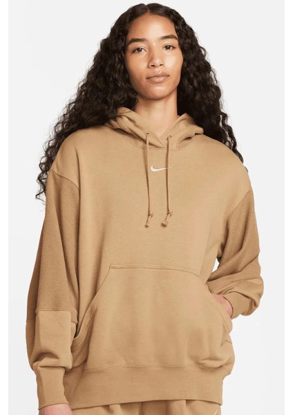 Sportswear Everyday Modern Fleece Oversize Hoodie Kadın Geniş Kalıp Kapüşonlu Sweatshirt Koyu Bej