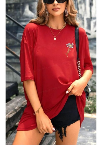 Papatya Baskılı Yazlık Pamuklu Kumaş Oversize Kalıp Tshirt Salaş