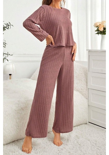 Gül Kurusu Pamuklu Fitilli Uzun Pijama Takımı