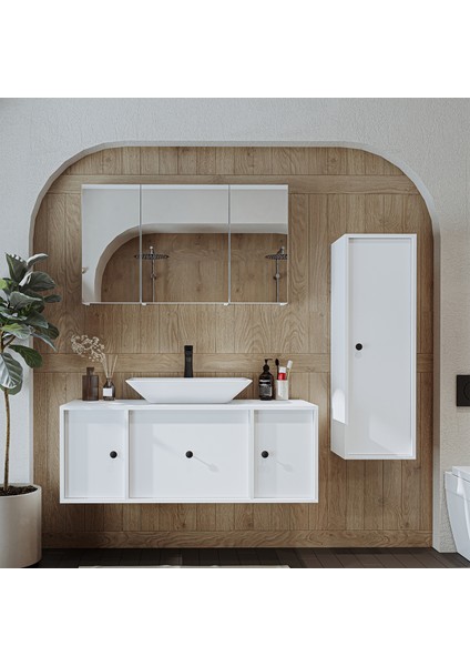 Lavabolu Mat Mdf 120 cm Çekmeceli Banyo Dolabı + Aynalı Üst Dolabı + Boy Dolabı