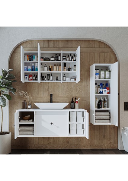 Lavabolu Mat Mdf 120 cm Çekmeceli Banyo Dolabı + Aynalı Üst Dolabı + Boy Dolabı modelleri